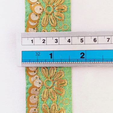 Indian Sari Trim, Green Art Silk Fabric With Gold Thread Embroidered Flowers Trim, Gold Sequins